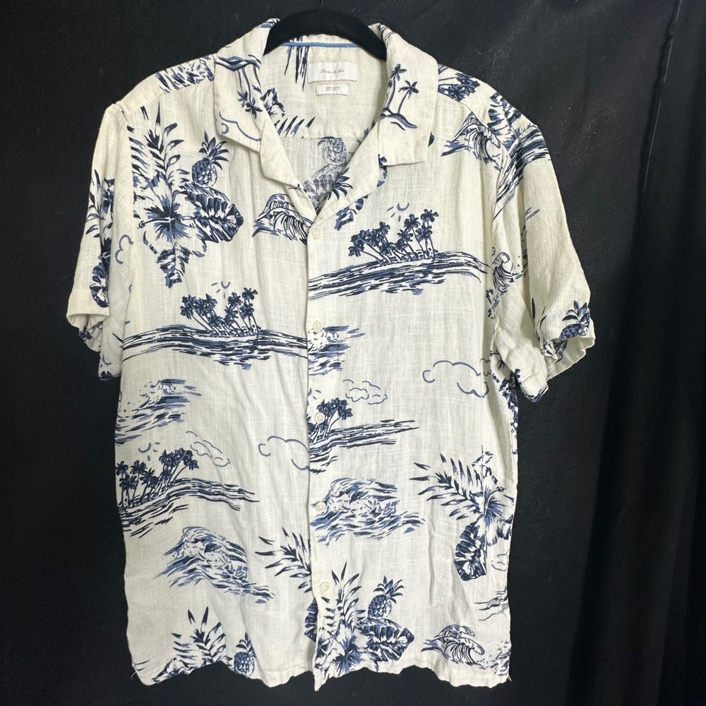 Porter & Ash Mens Medium Linen Blend Tropical Hawaiian Shirt Cream Blue